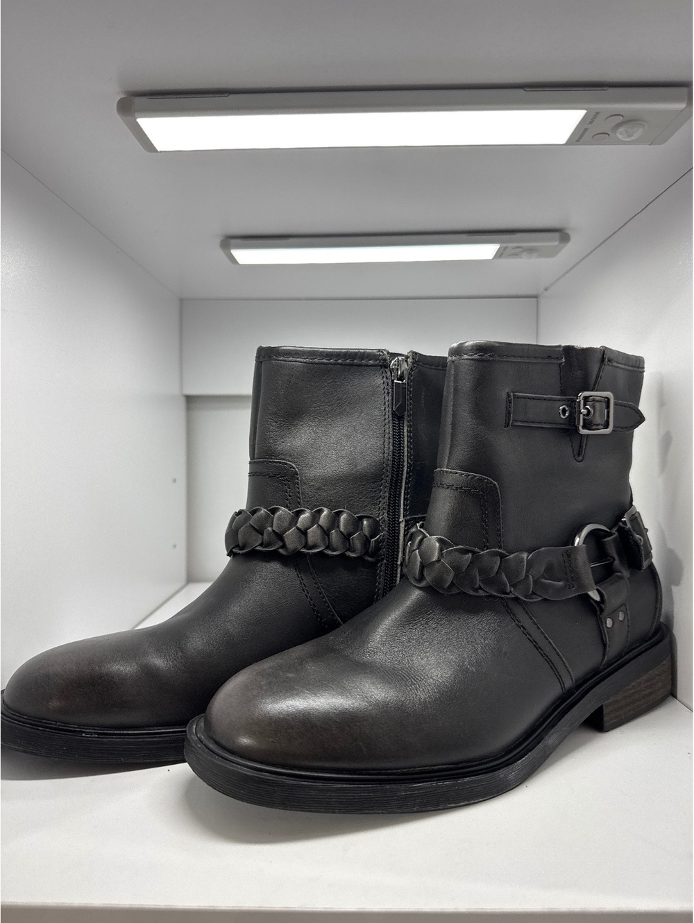Crown Vintage Black Leather Ankle Boots with Braided Strap -